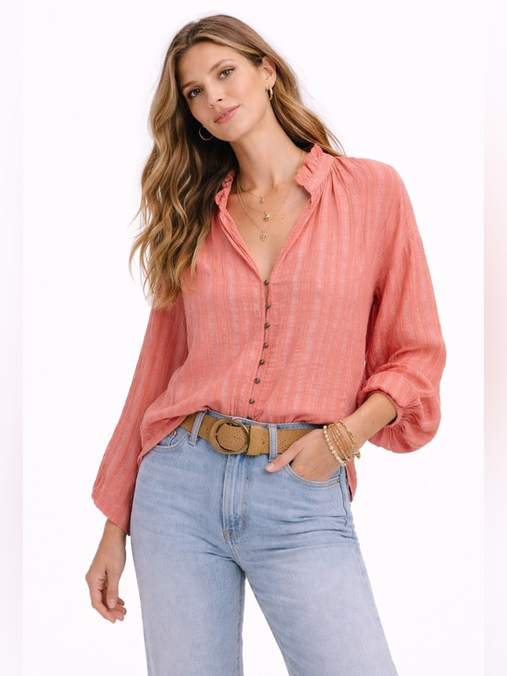 Pilcro Tavi Button Down Blouse Sz Medium Pink Cotton Metallic Boho Peasant Light